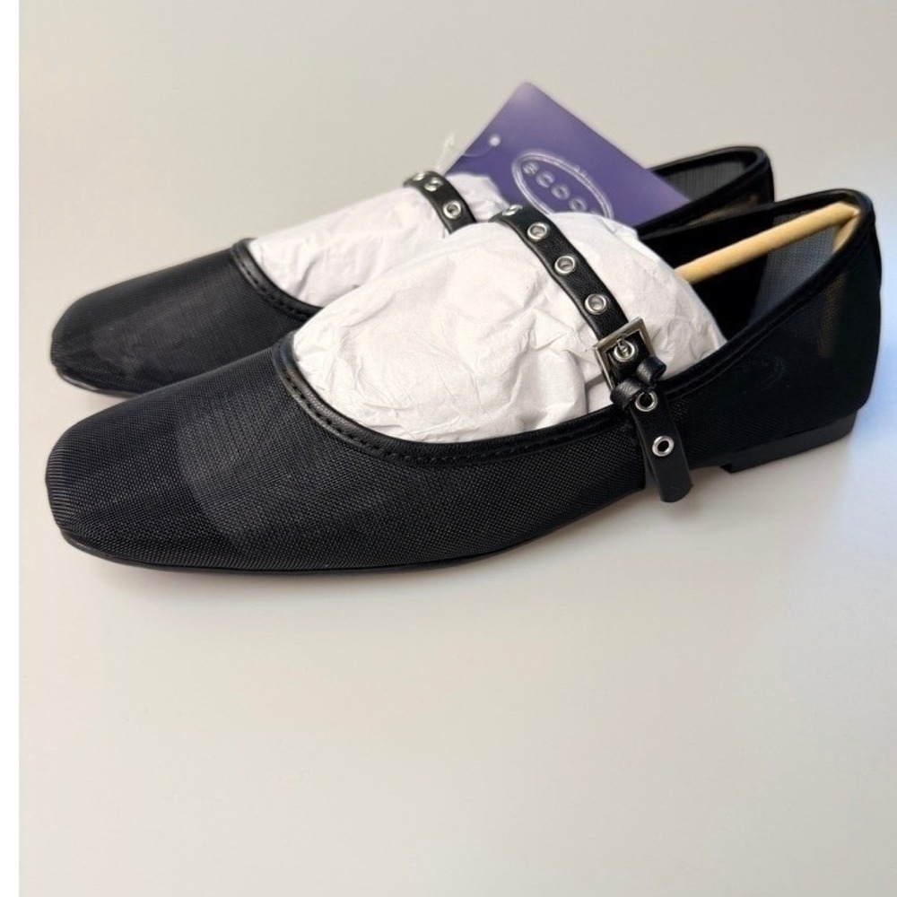 NEW Scoop Black Mesh‎ Mary Jane Flats Square Toe Buckle Comfort Shoes NIB 9